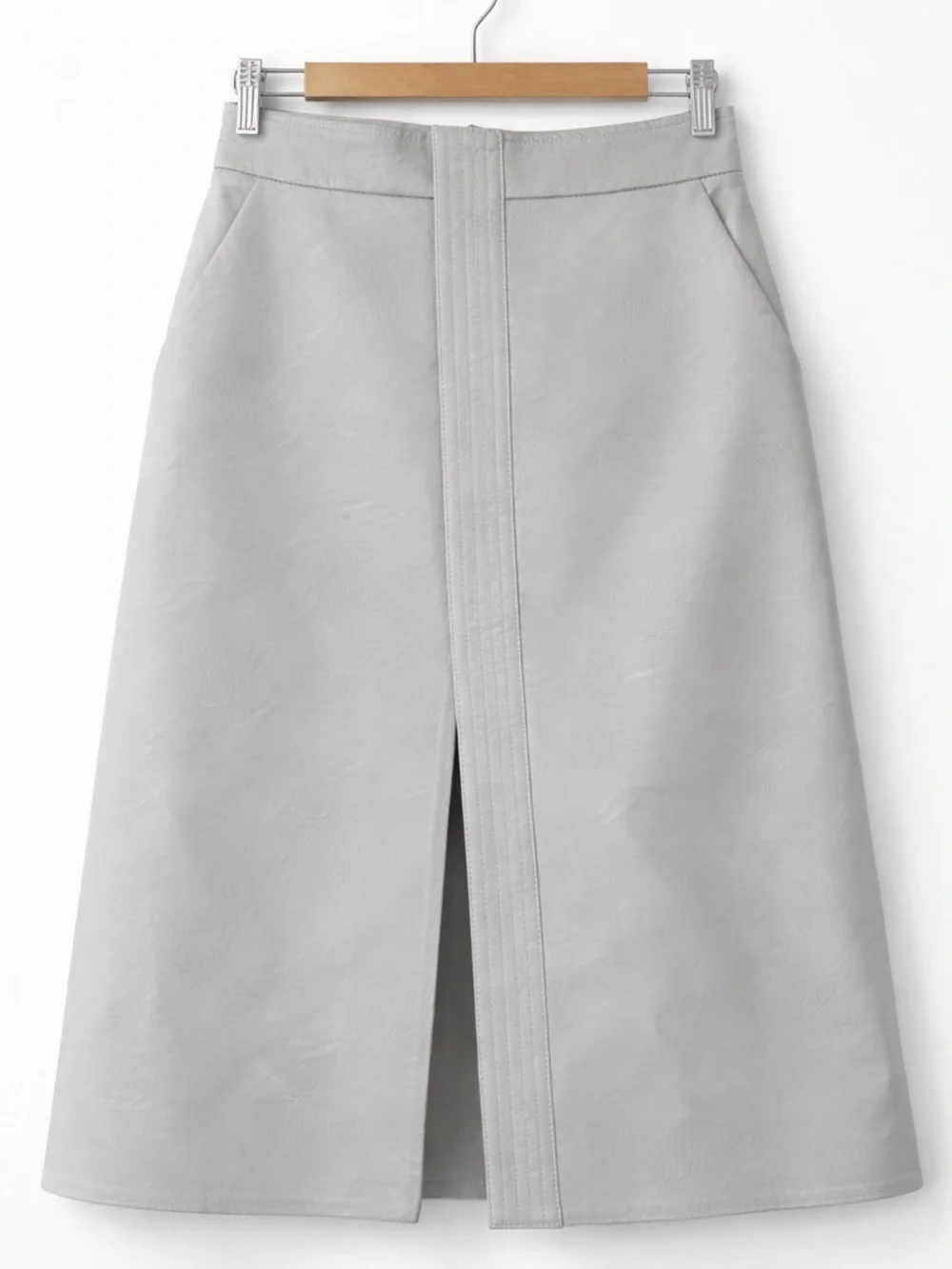 Stella McCartney Vegan Leather Midi Skirt Front Slit Taupe Minimalist Luxury SzM - Picture 2 of 12